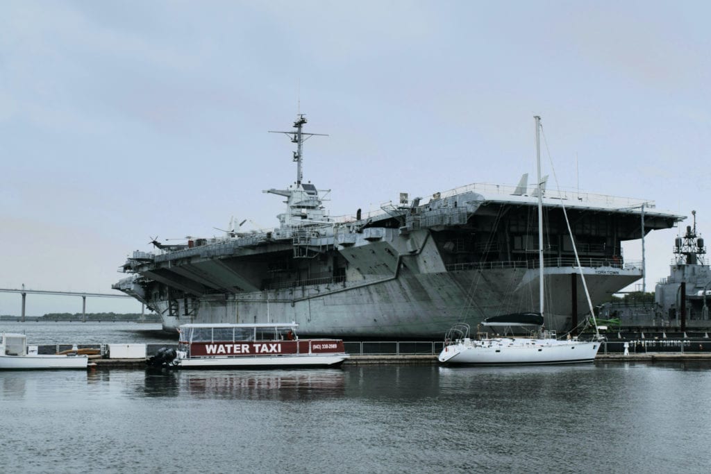 USS Yorktown from the outside on a rainy day in Charleston. The USS Yorktown is one of the best indoor activities in Charleston SC