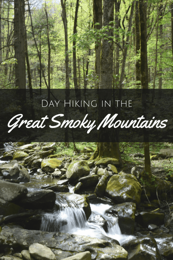 photo of creek on rainbow falls trail, white text on a black background reads "day hiking in the great smoky mountains"