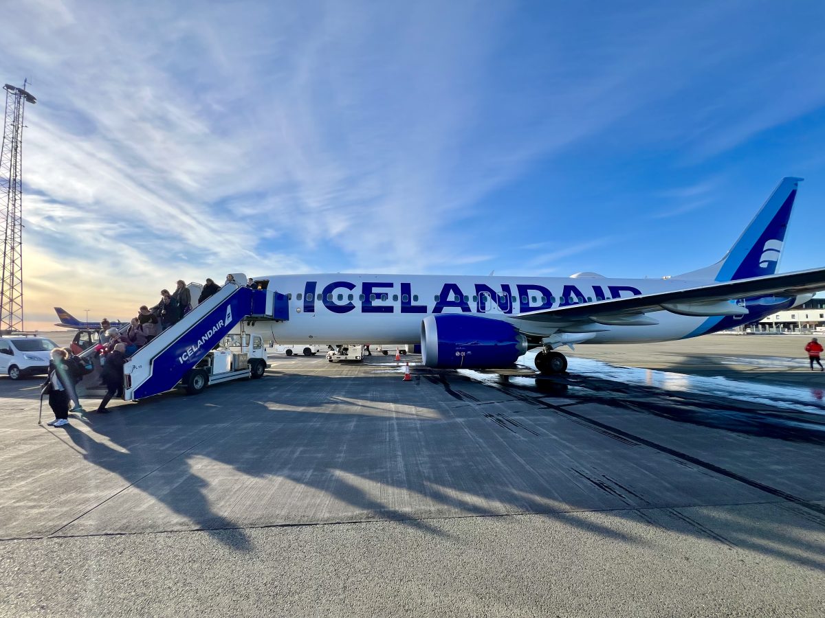 icelandair plane parked on a sunny day in reykjavik