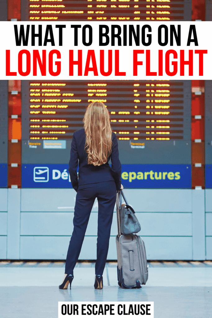 Photo of a woman with long blond hair standing in front of a departures board in an airport. Black and red text on a white background reads what to bring on a long haul flight essentials