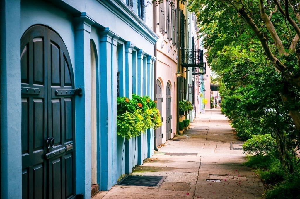 Rainbow Row in Charleston SC on a cloudy day.