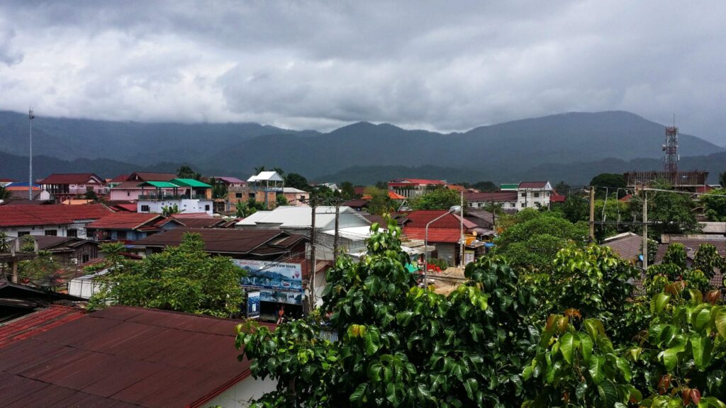vang vieng from above on a cloudy day