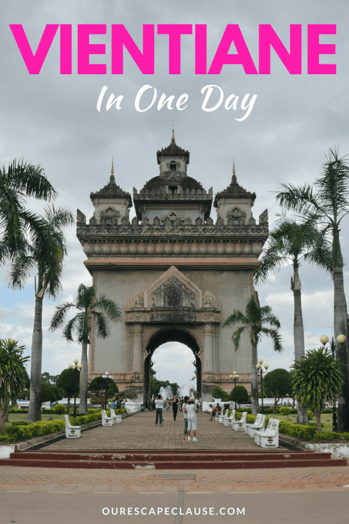 photo of patouxi, pink and white text in a white background reads "vientiane in one day"