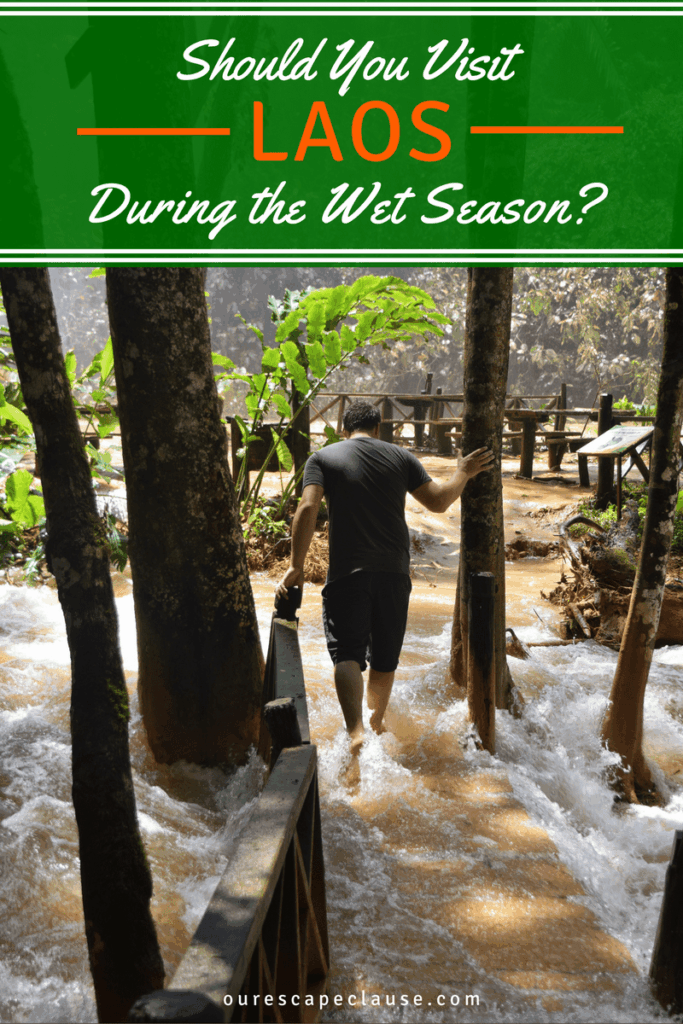 jeremy storm at the flooded kuang si falls, white and orange text on a green background reads "should you visit laos during the wet season"