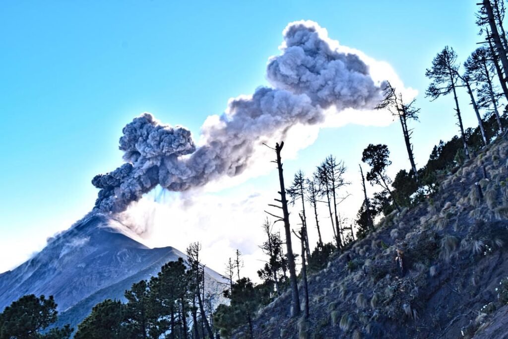 volcano fuego erupting, as seen when hiking acatenango guatemala