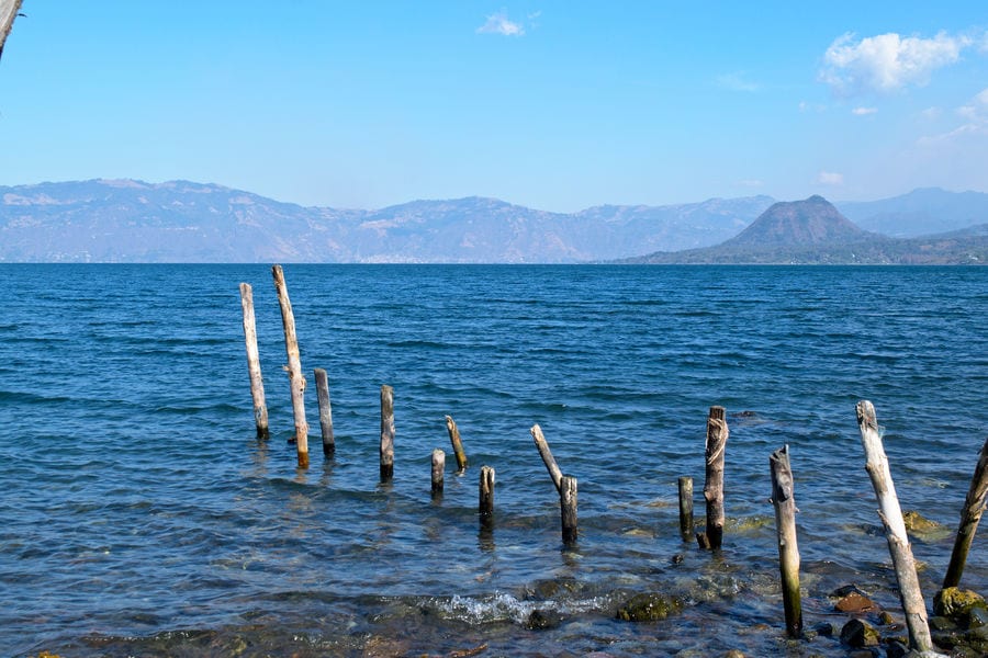 view of lake atitlan guatemala from the shore