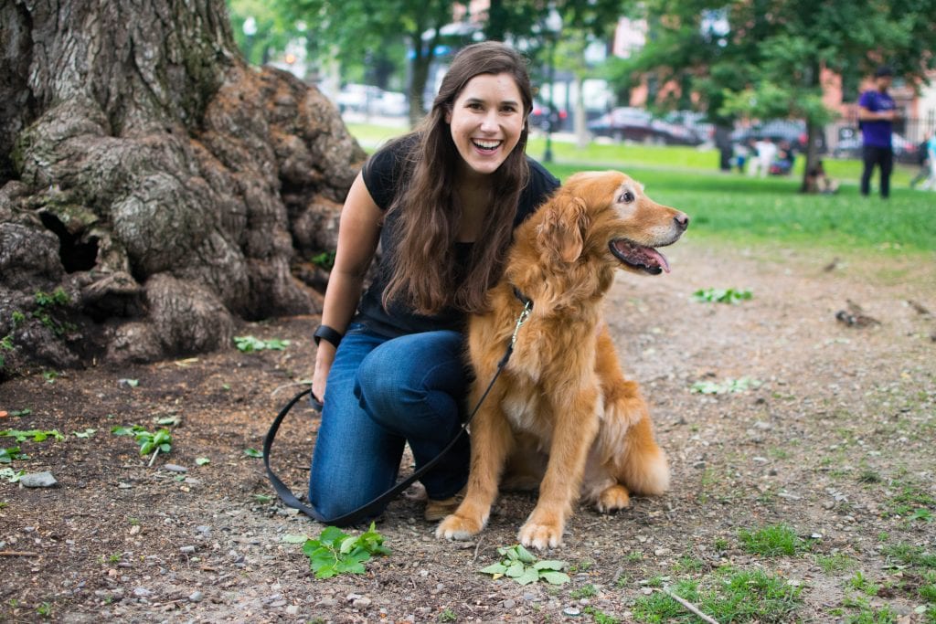 kate storm with golden retriever in boston common when visiting boston