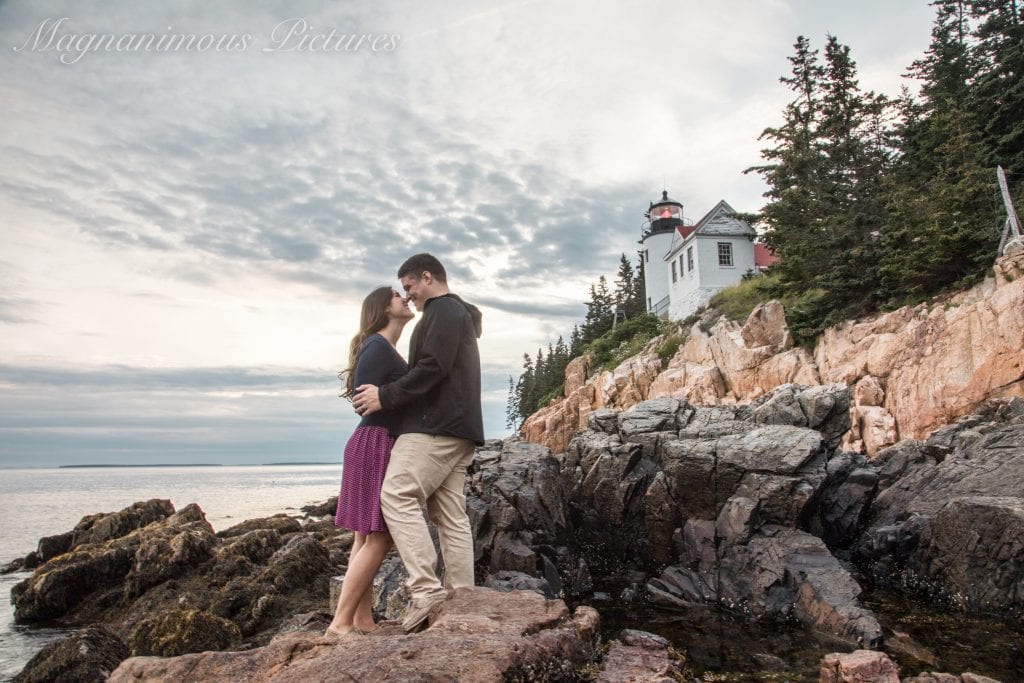 kate storm and jeremy storm in acadia national park at bar harbor head light