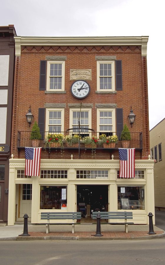 front facade of a historic brick building in bar harbor maine