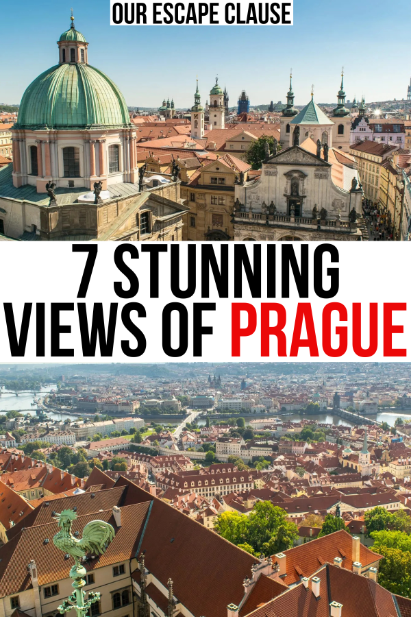 2 photos of prague viewpoints, old bridge tower and st vitus cathedral. black and red text reads "7 stunning views of prague"
