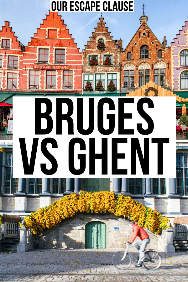 photo of bruges architecture on top of a photo of ghent bike rider going past, black text on a white background reads "bruges vs ghent"
