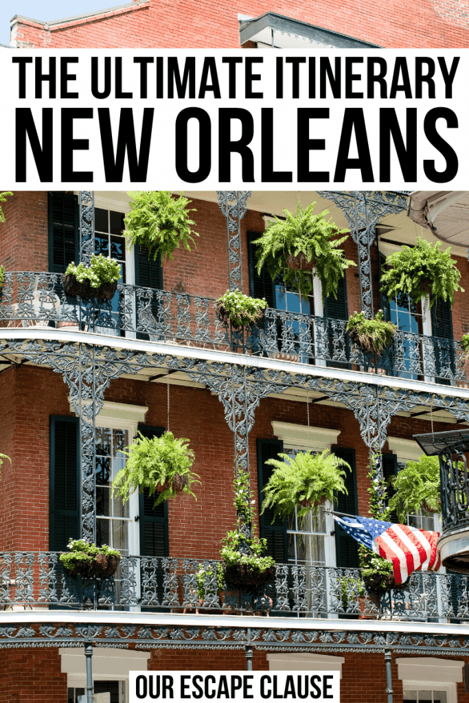 Photo of a red brick building with black shutters in the French Quarter of NOLA. Black text on a white background reads The Ultimate itinerary New Orleans 3 days