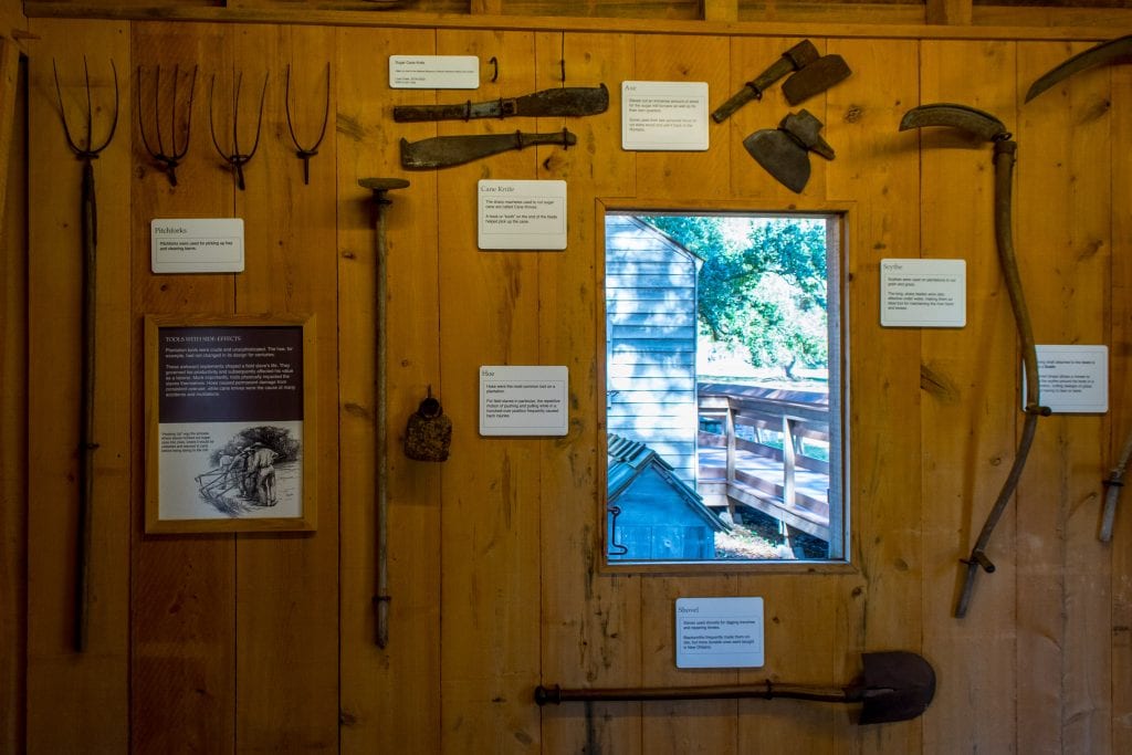 Tools used by slaves displayed in Oak Alley Museum.