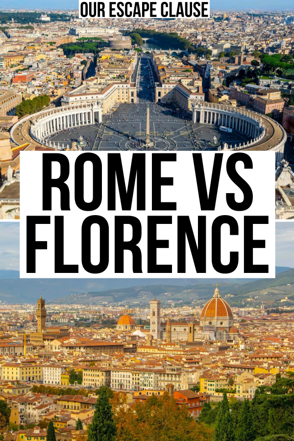2 photos of italy, one of rome from st peters and one of florence skyline, black text on a white background reads "rome vs florence"