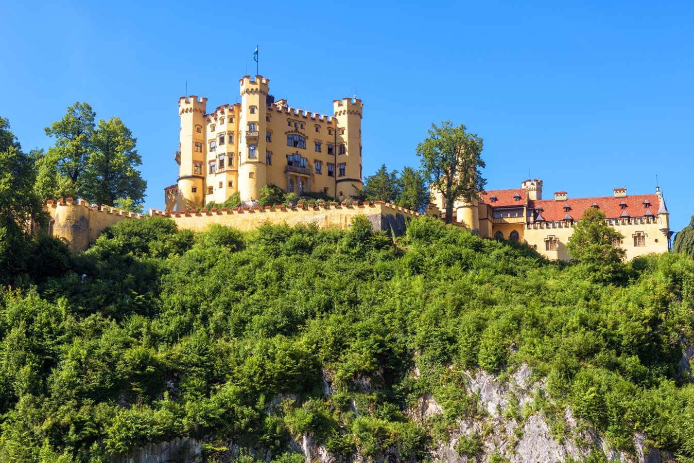 bright yellow Hohenschwangau Castle as seen from below with greenery in the foreground
