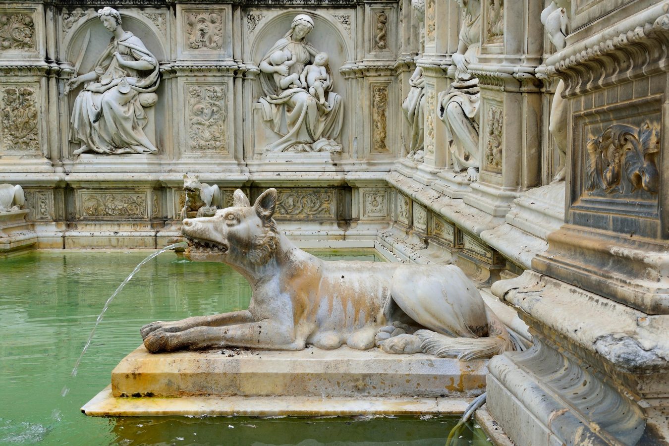 close up of fonte gaia as seen one day in siena italy with a she wolf statue in the foreground