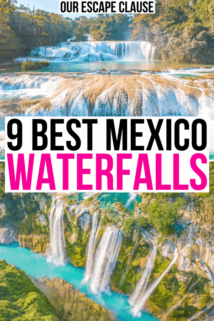 photos of agua azul and tamul waterfall, black and pink text in a white background reads "9 best mexico waterfalls"
