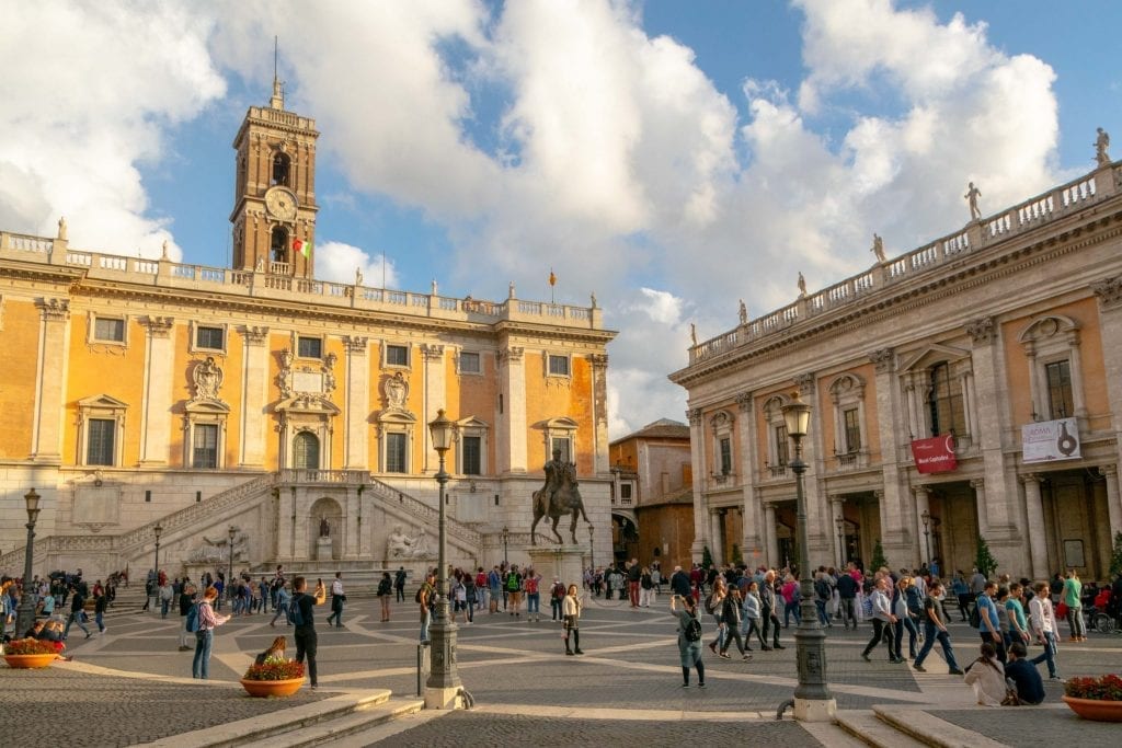 Piazza del Campidoglio with crowds in the foreground, one of the best rome piazzas