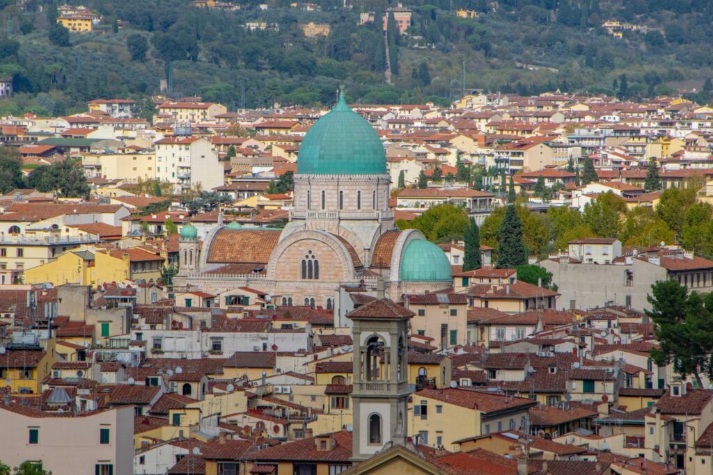 tempio maggiore synagogue in florence itlay as seen from above with its distincive turquoise dome