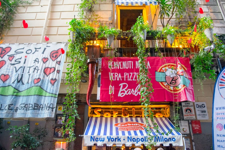 pizzeria sorbillio exterior sign in naples italy, as seen on our naples pizza tour