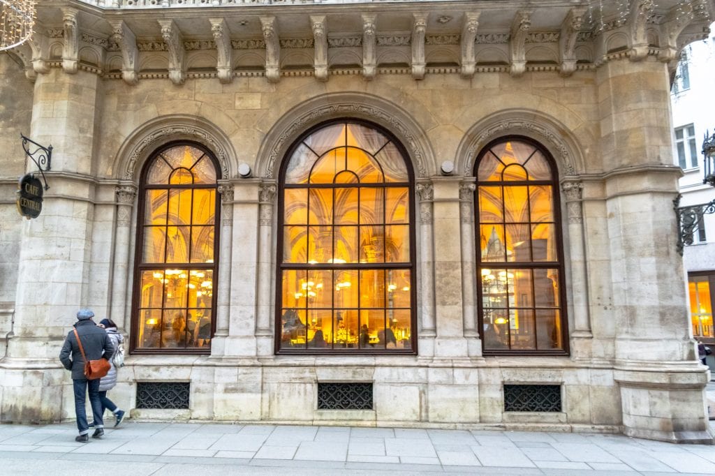 glamorous cafe in central vienna as seen from the outside--whether you visit vienna or budapest, you'll find incredible cafe culture