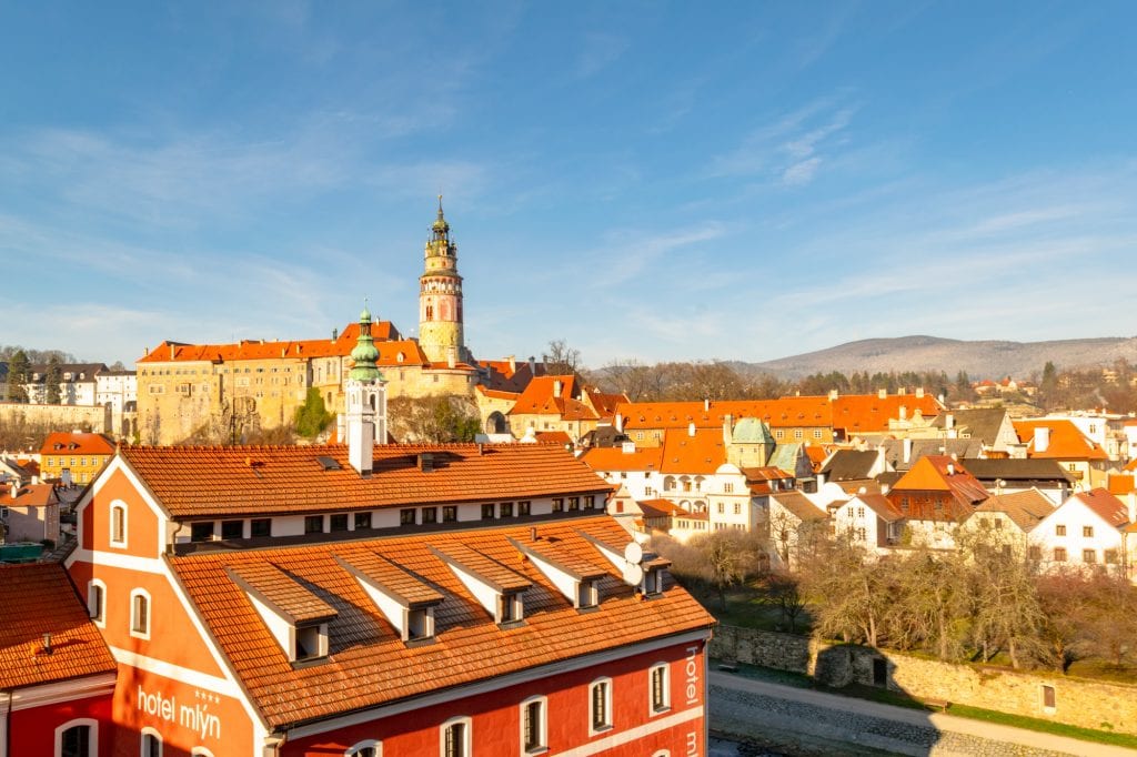 view of cesky krumlov in december from terrace near hotel ruze on a sunny day