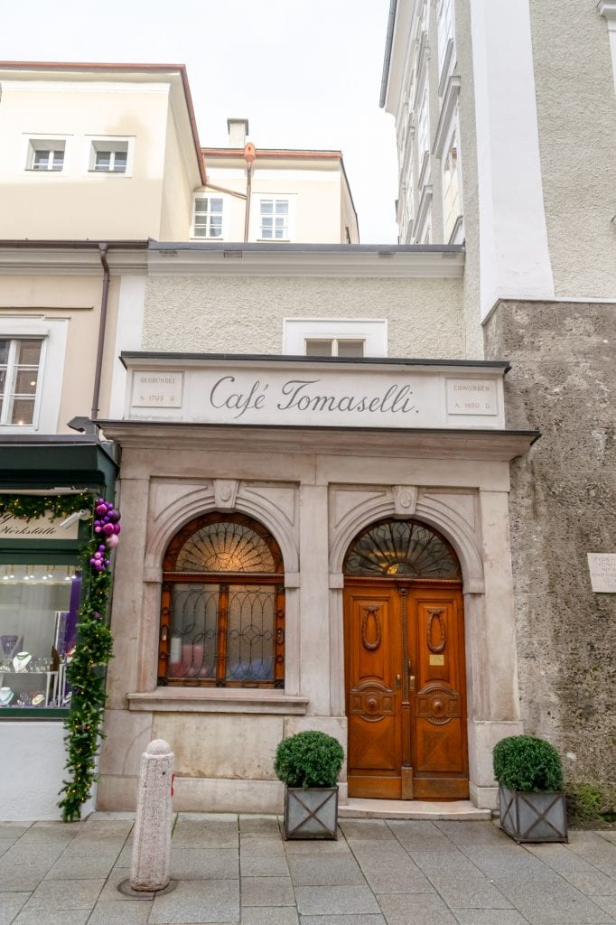 front facade of cafe tomaselli in salzburg austria