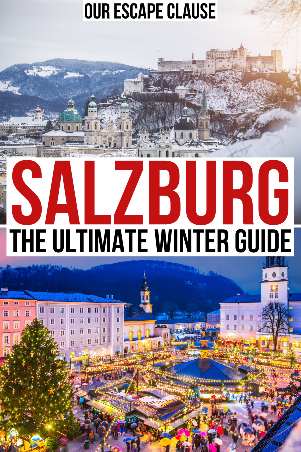 2 photos of winter in salzburg, view of cityscape under snow and view of christmas market from above