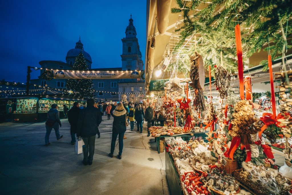 salzburg christmas market during blue hour
