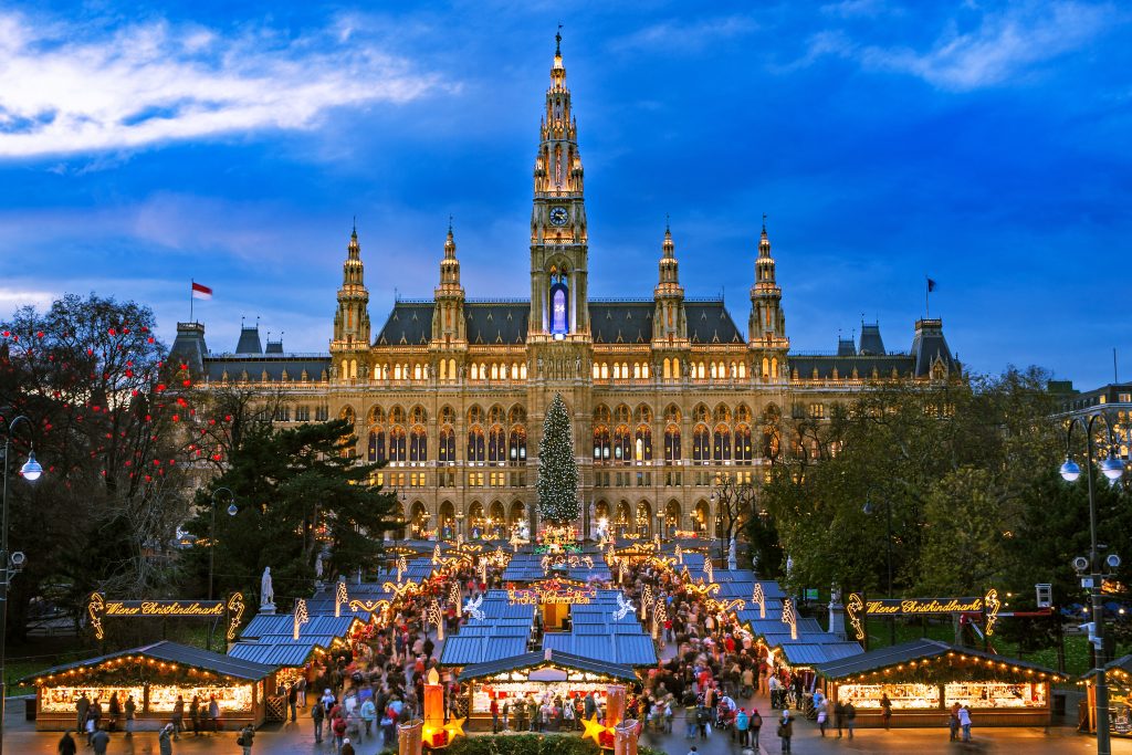 vienna christmas market at night as seen from above