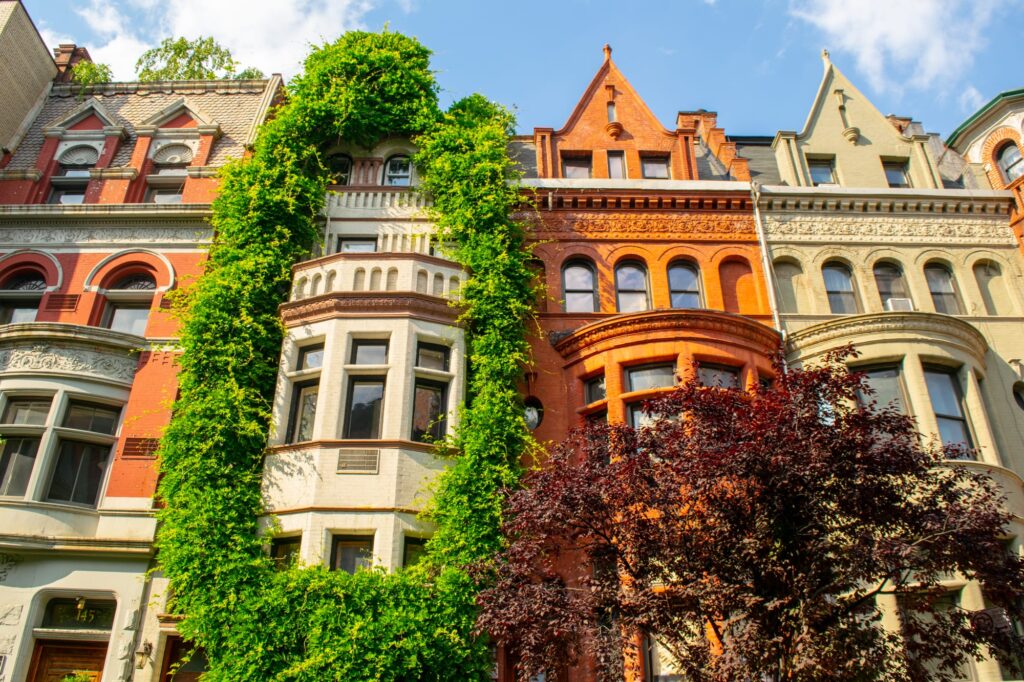 several mansions, one covered in ivy, on the upper west side of manhattan, as seen during a long weekend in new york city