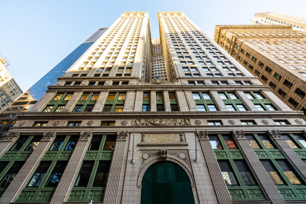 Photo of the Equitable Building in the Financial District as seen looking up--a common sight, even seeing NYC in a day.