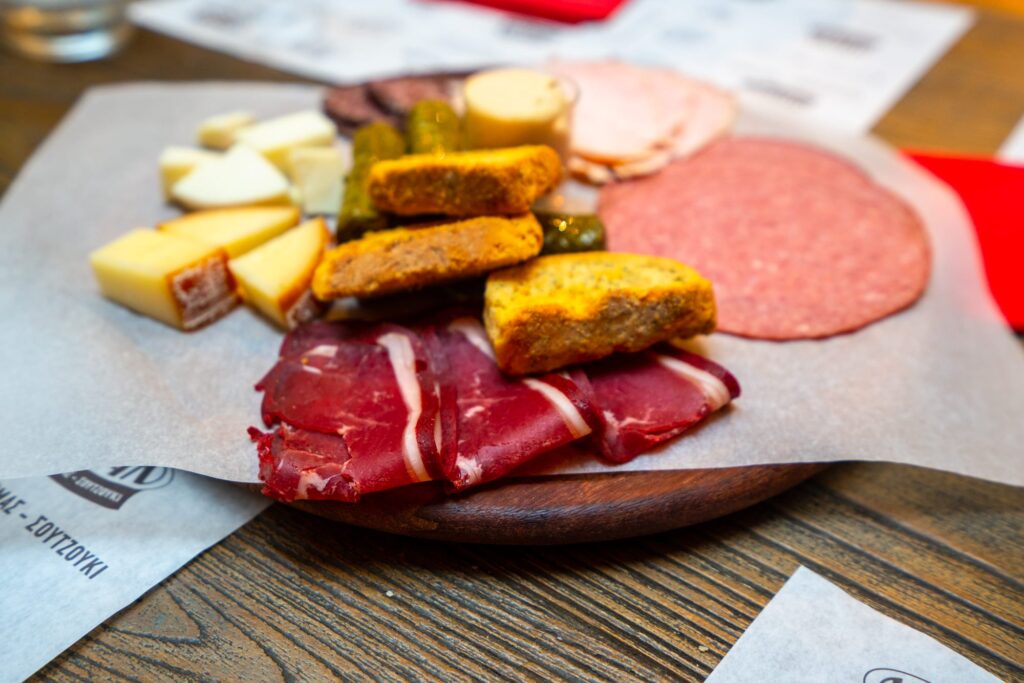 Close up of meat and cheese tray, Athens food tour