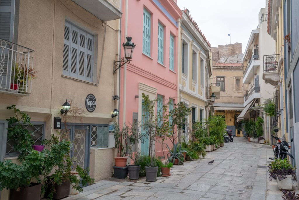 Pink building in Plaka neighborhood, Athens in 2 days itinerary