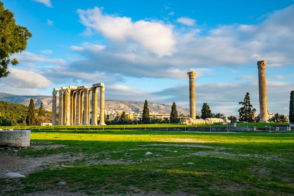 temple of zeus as seen from afar in athens greece on partly cloudy day