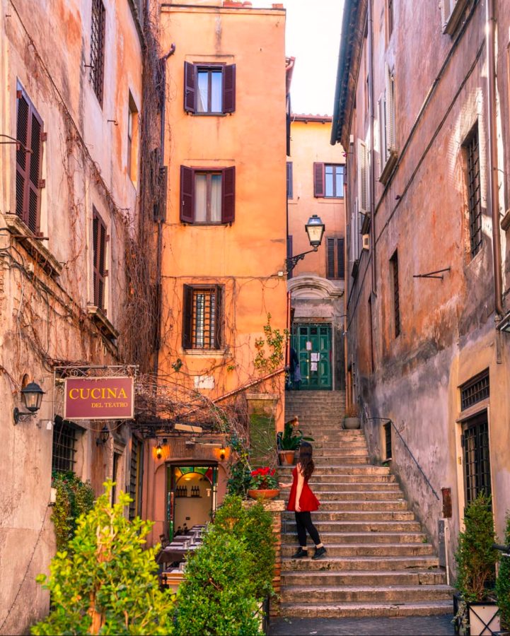 kate storm on a staircase on a side street in centro storico rome italy