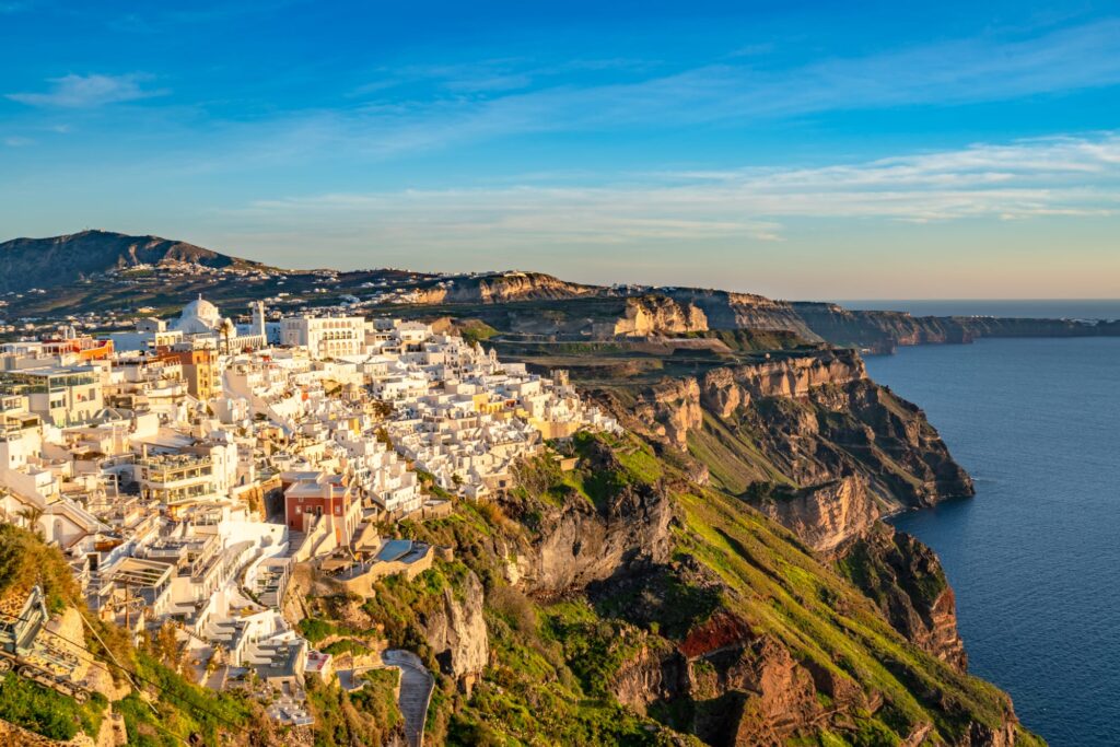 View of Fira village at golden hour, 3 days in Santorini itinerary