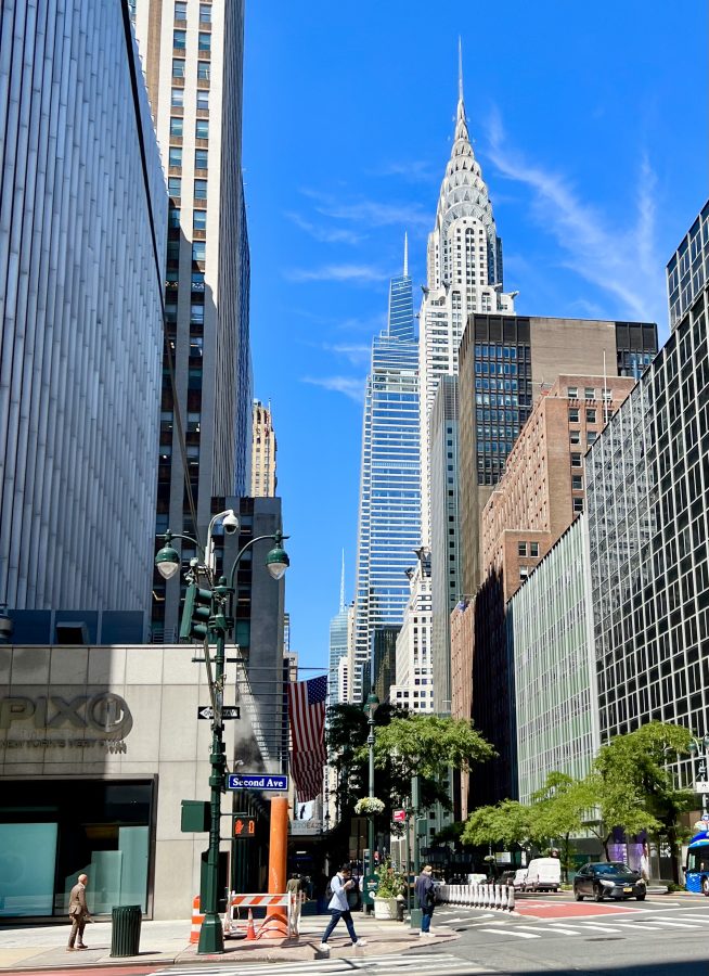 chrysler building as seen from the street on a sunny day in midtown new york city
