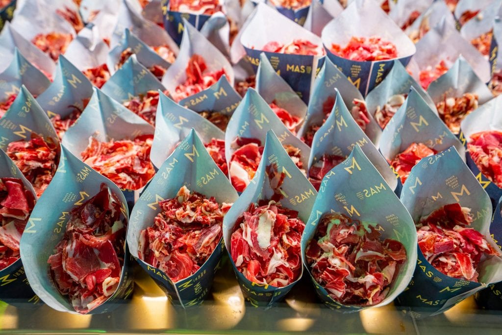 Cones of Meat for sale in Mercado San Miguel, Madrid Spain