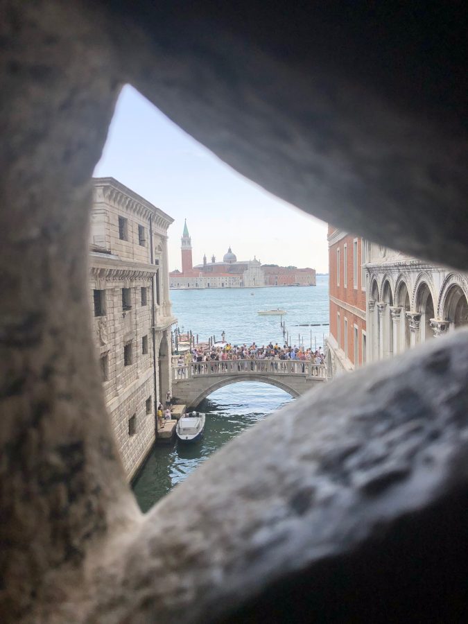 view of venetian lagoon and san giorgio maggiore from inside the bridge of sighs venice italy
