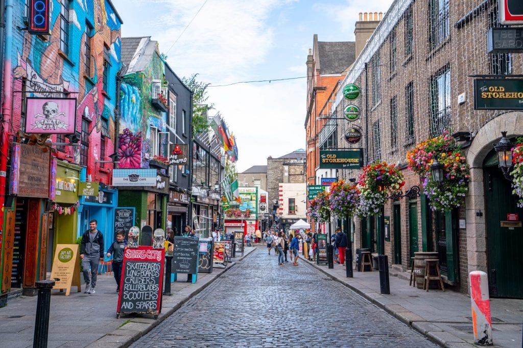 Colorful street in Dublin Ireland in the Temple Bar district--though it is touristy, be sure to at least stop by this neighborhood during your 2 days in Dublin!