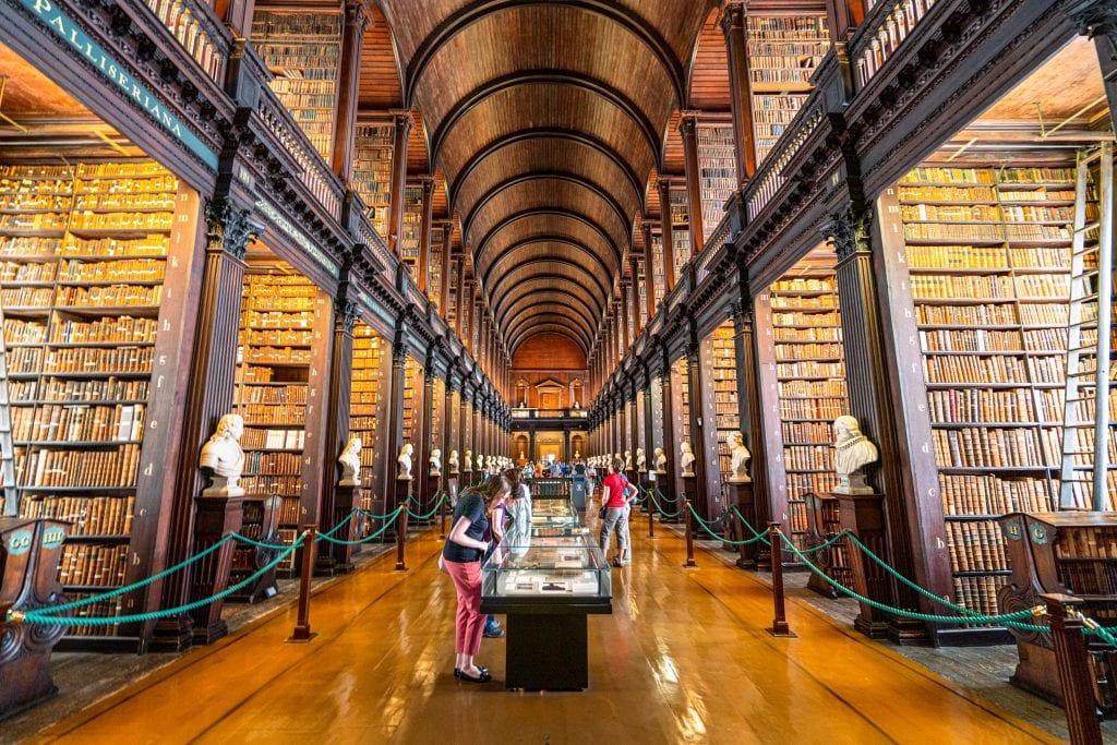 The Long Room at Trinity College photographed from the center--an absolute must-see when spending 2 days in Dublin.