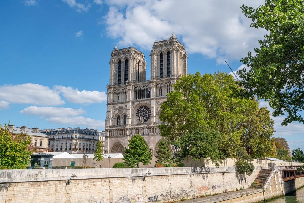 View of the front of Notre Dame as of September 2019, after the April 2019 fire