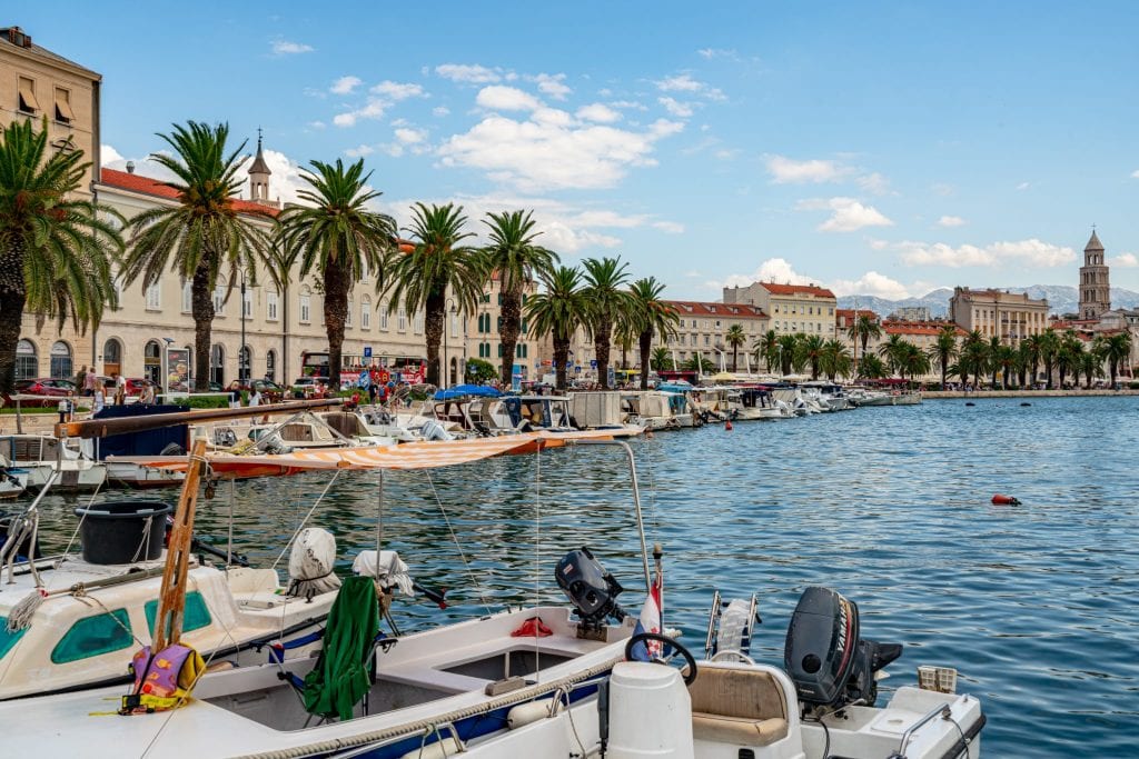 view of split rivieria with small boats and water in the foreground