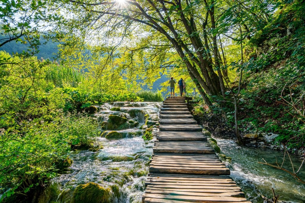 view of people walking along boardwalk in a shady area when visiting plitvice lakes croatia