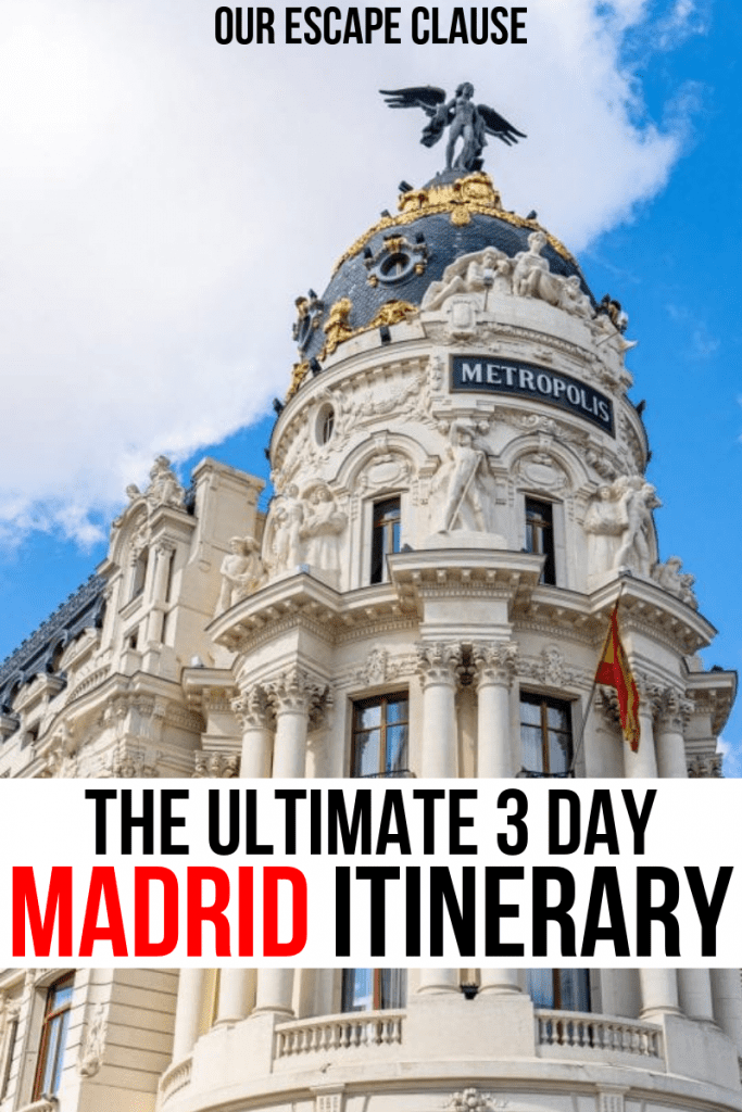 Photo of the Metropolis Building in Madrid. Black and red text on a white background reads "The Ultimate 3 Day Madrid Itinerary"