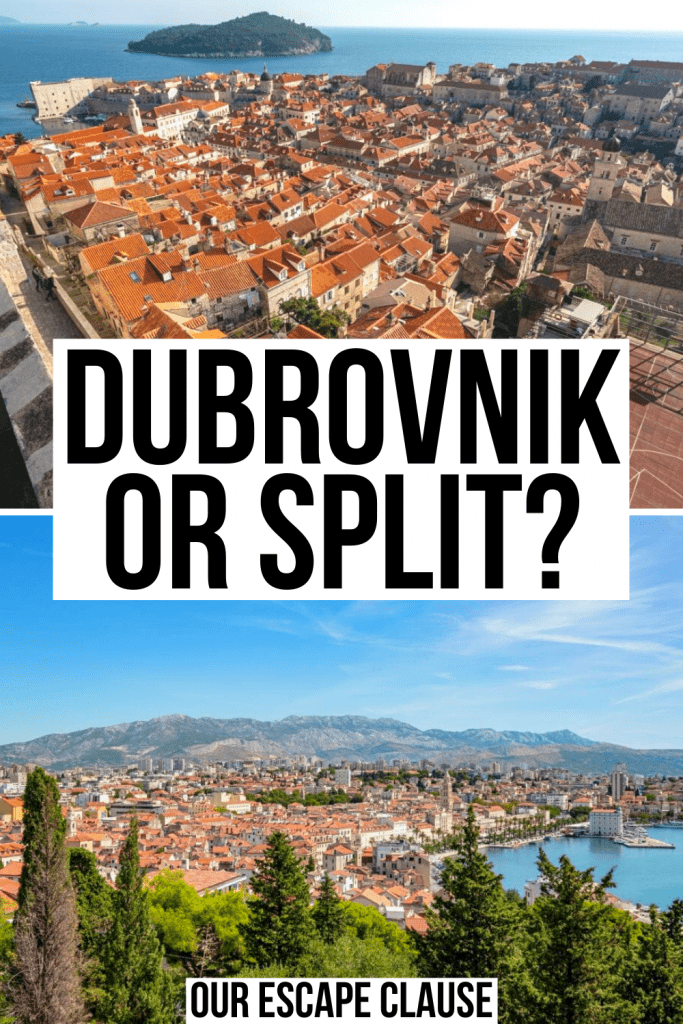 2 photos from Croatia: Dubrovnik cityscape on top and Split cityscape on bottom, black text on a white background reads "Dubrovnik or Split?"