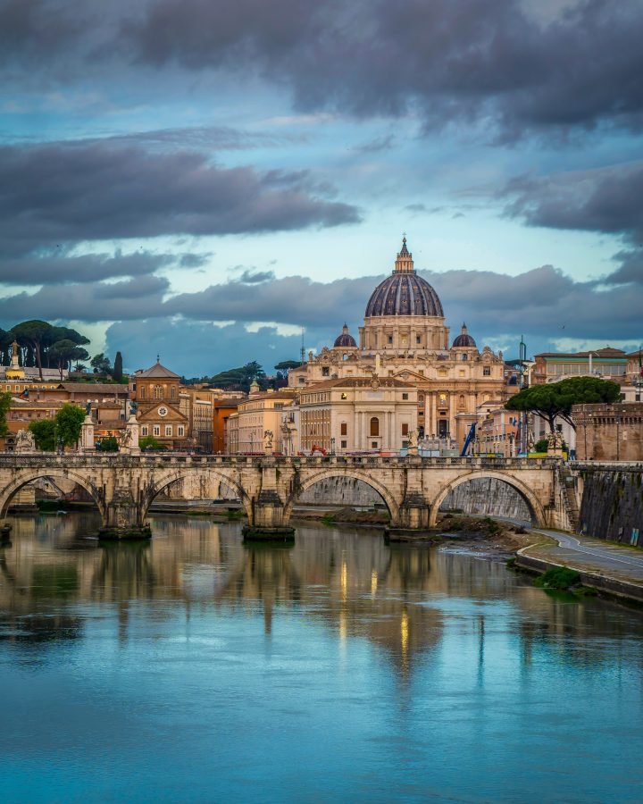 view of st peters basilica and ponte sant'angelo from ponte umberto, one of the best views of rome italy