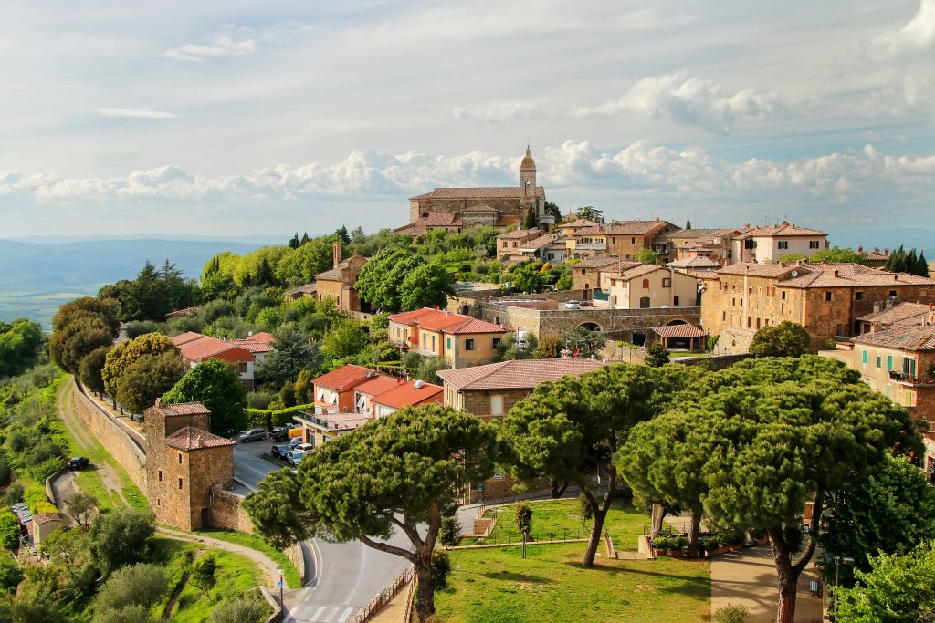 tuscan hilltop town of montalcino as seen from a distance