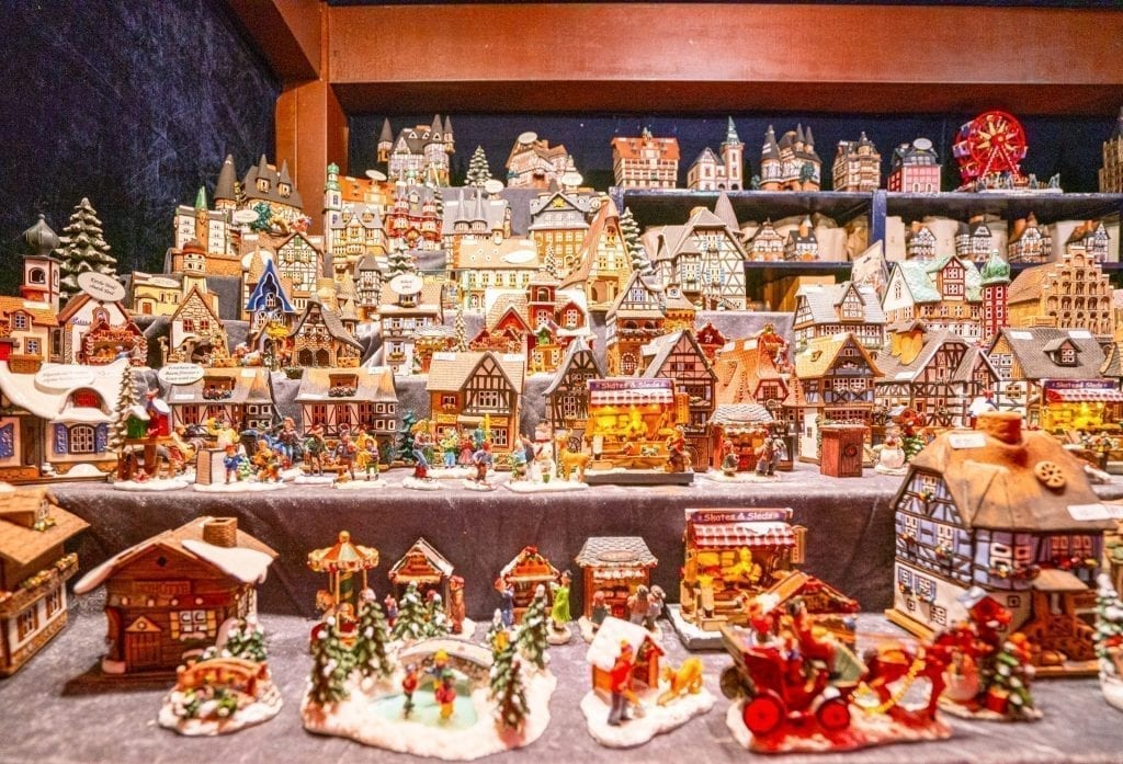 Collection of small houses for sale at a Christmas market in Cologne Germany